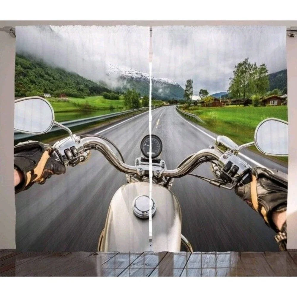 Ambesonne Man Cave Curtains Biker Motorcycle Highway Print Window Panels